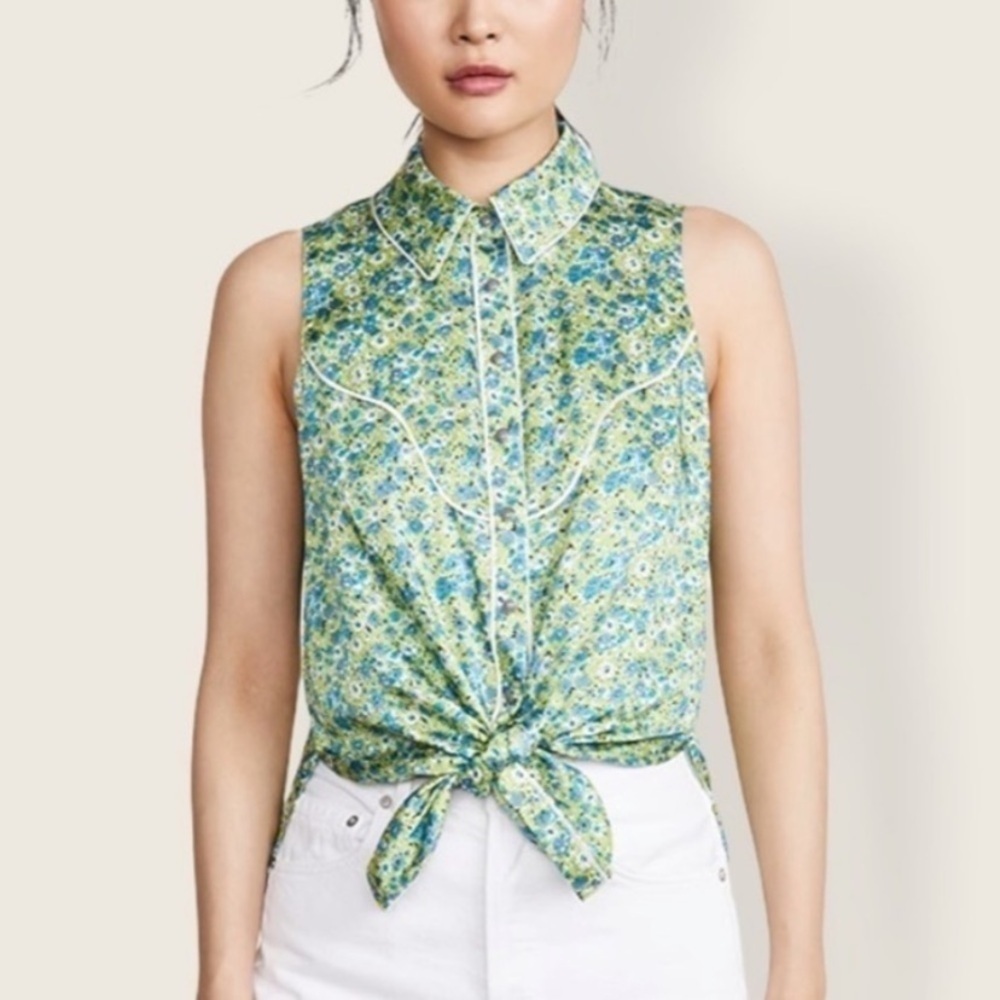Cinq A Sept Womens Leon Sleeveless Pearl Snap Floral Print Blouse